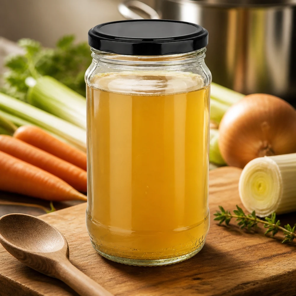 370 ml rundt glas + BasicSeal sort UNiTWIST 370 ml UNiTWIST-glas med sort BasicSeal-låg, fyldt med gylden kyllingebouillon, på et træbræt