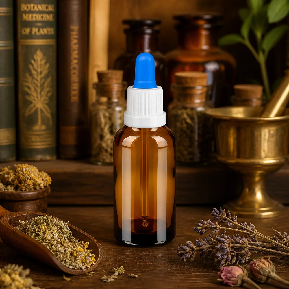 30 ml pipetteflaske hvid/blå OV BrownLine UT18/30 30 ml pipetteflaske i ravfarvet glas - UV-beskyttelse til naturlige ekstrakter og homøopatiske midler