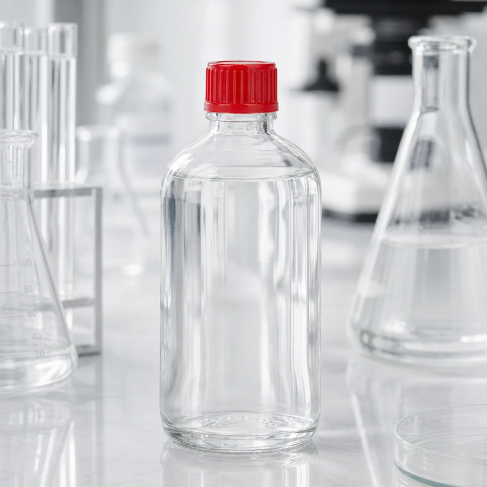 100 ml flaske 11 mm SV rød STD ClearLine UT18/100 ClearLine UT18/100 laboratorieflaske, 100 ml, klart glas med rød standardprop (11 mm) på hvid bordplade