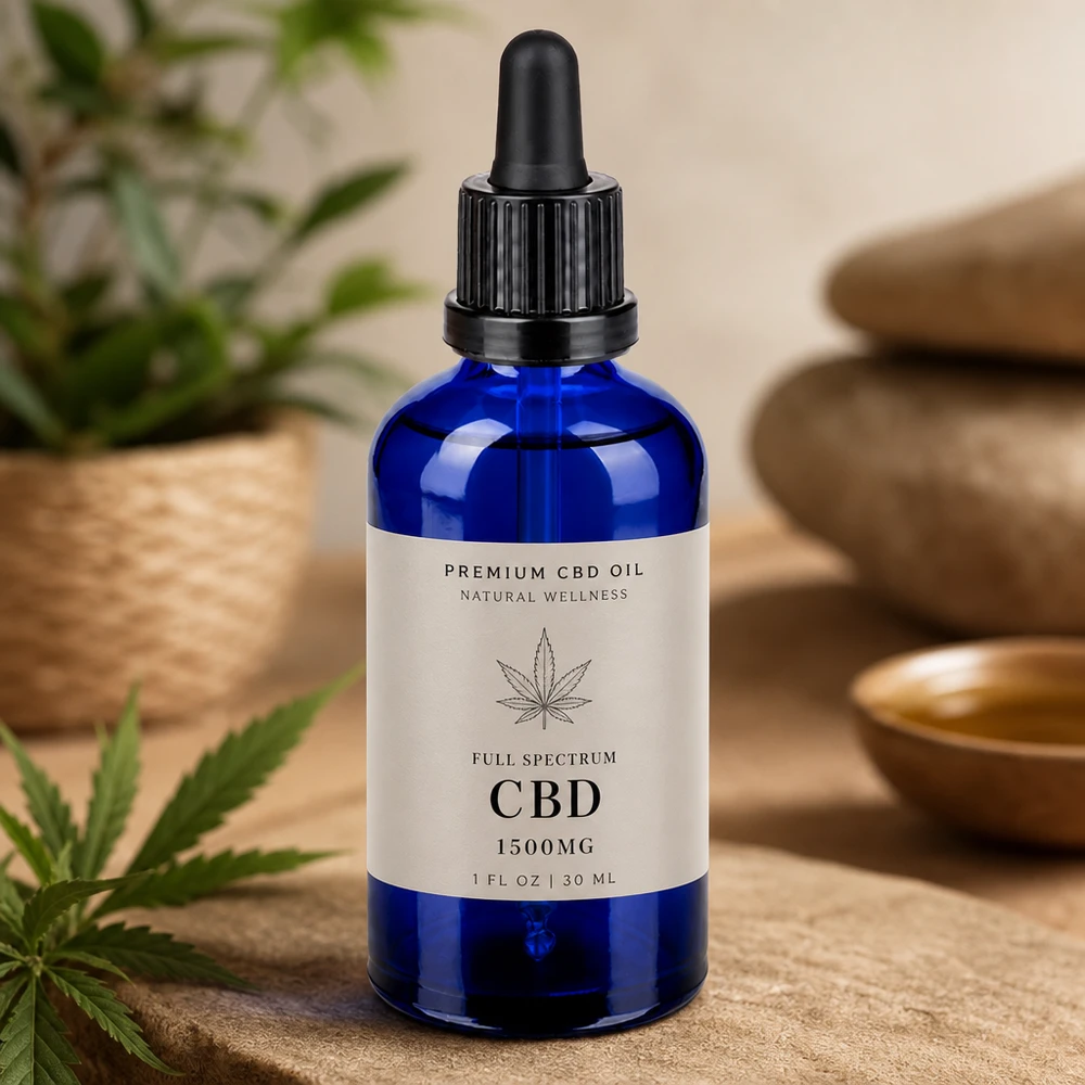 Elegant blå glasflaske 100 ml med sort pipette til naturkosmetik og wellness af høj kvalitet