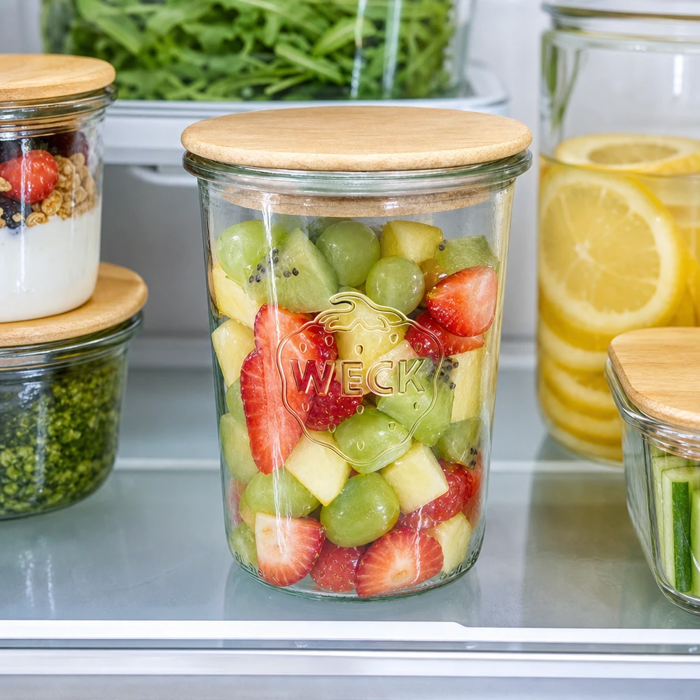 850 ml Briller WECK RR100 med trælåg WECK Sturzglas 850ml RR100 Holzdeckel Kühlschrank Obstsalat Meal Prep frische Früchte Kiwi Erdbeeren Aufbewahrung