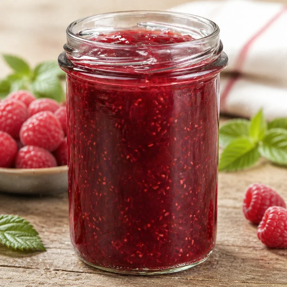 UNiTWIST Sturz230 - Briller med indhold 230 ml TO66 UNiTWIST-glas 230 ml TO66 fyldt med rød marmelade, omgivet af friske hindbær og grønne blade