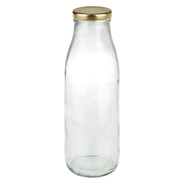 500 ml glasflaske + BasicSeal-låg guld UNiTWIST. Absolut lækagesikker med stort TO48-låg. Til mælk, juice og limonade.