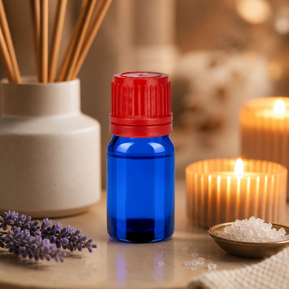 5 ml flaske 11 mm SV rød OV BlueLine UT18/5 Kompakt 5 ml glasflaske til æteriske olier med børnesikret hætte BlueLine UT18/5