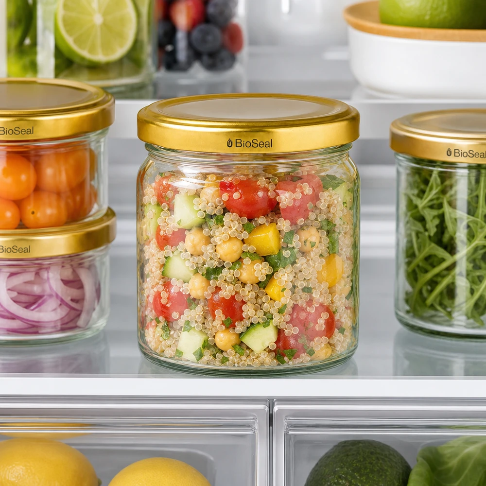 UNiTWIST Runda408 med gylden. Dæk TO82 BioSeal UNiTWIST Runda408 Vorratsgläser mit goldenen TO82 BioSeal Deckeln im Kühlschrank - praktische Aufbewahrung von Salat
