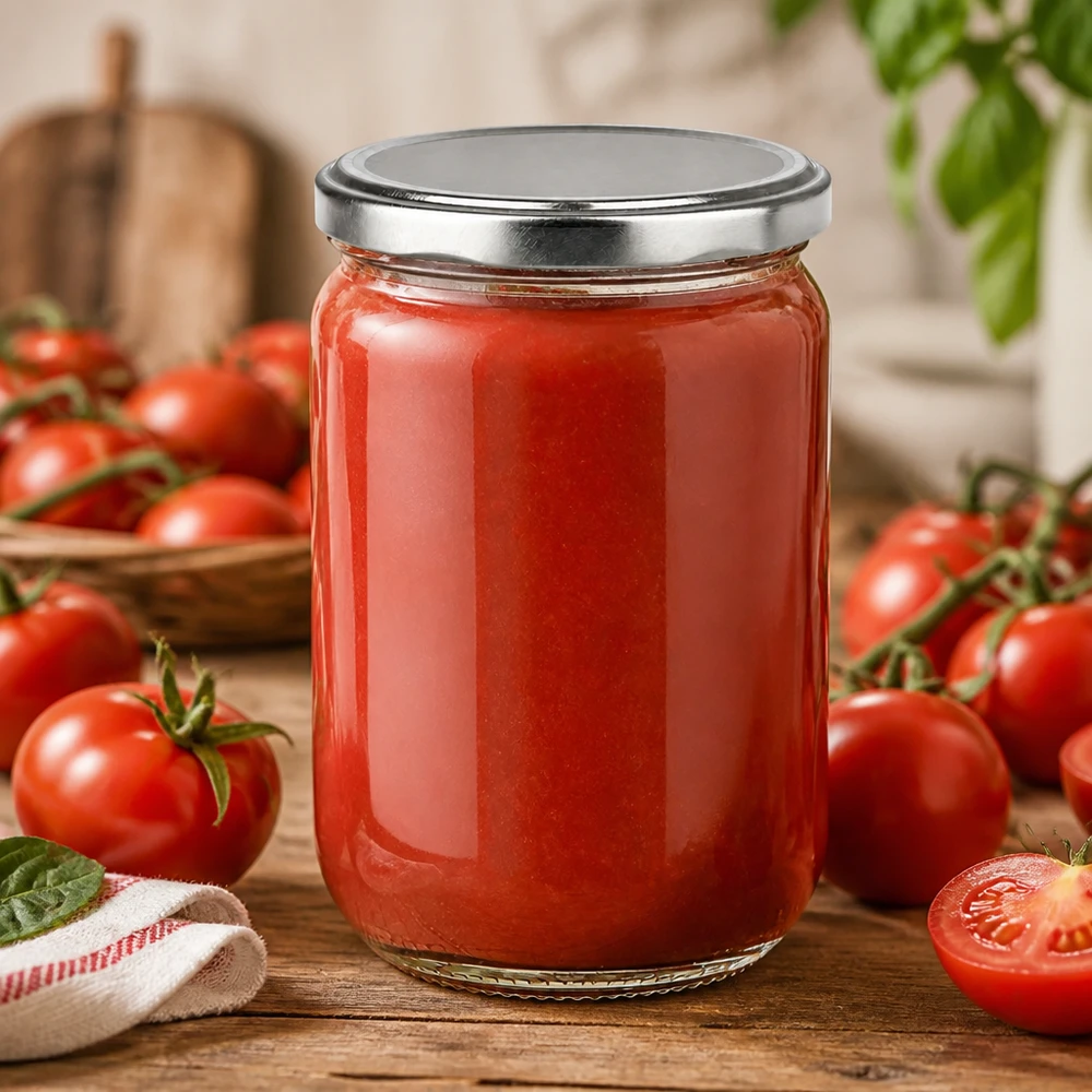 555 ml rundt UNiTWIST-glas fyldt med rød tomatsauce og med et sølvfarvet BasicSeal-låg