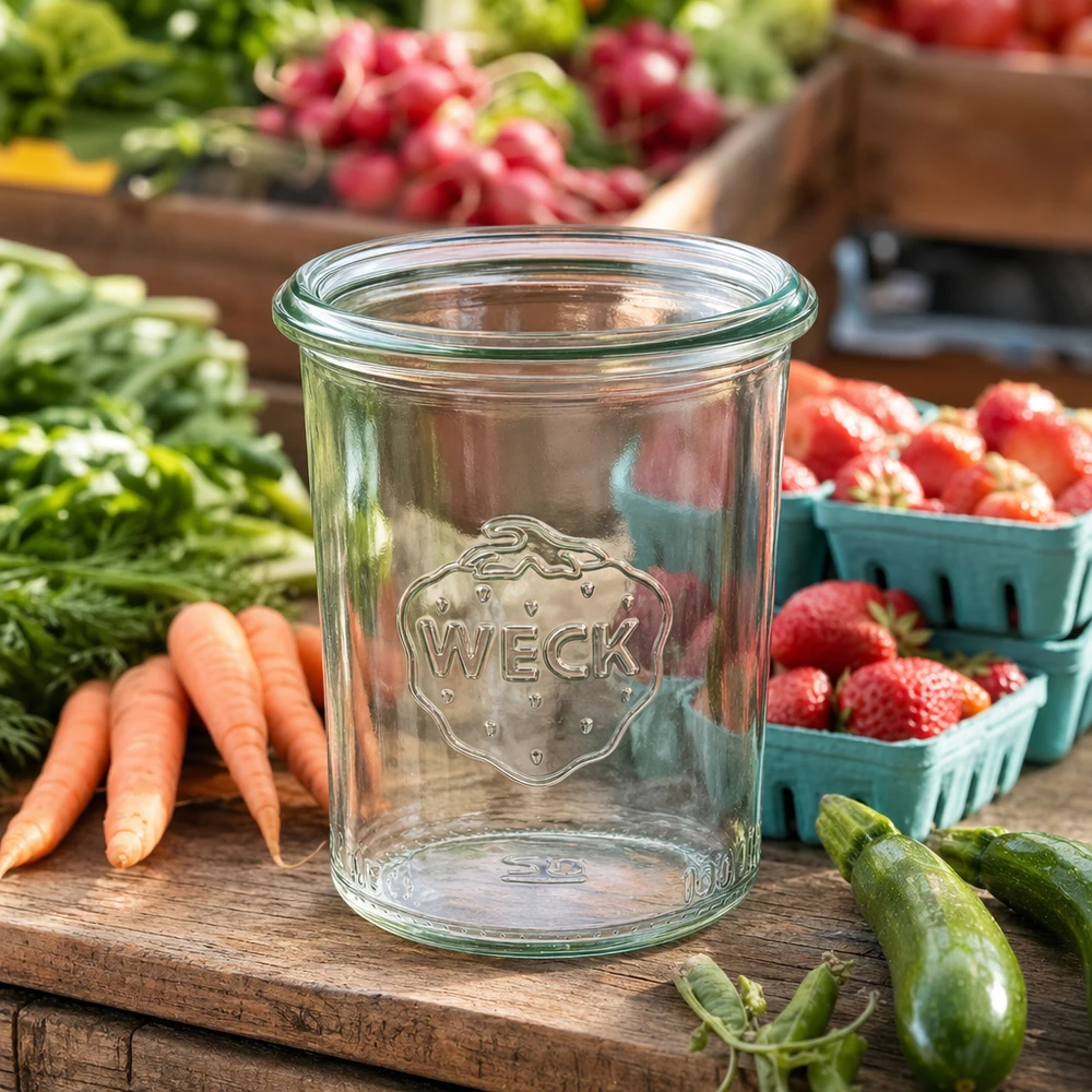 160 ml Briller WECK RR60 160 ml WECK-tumblere i klart glas RR60 på et træbord omgivet af frisk frugt og grøntsager
