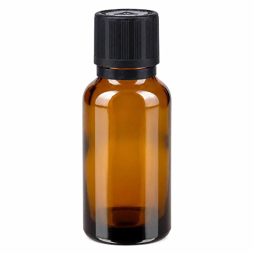 Apotfl. brun 20ml dryp v. Pr. 1mm s. KiSi Bliw OV 20 ml dråbeflaske af brunt glas med sort originalprop og børnesikring til apoteksbrug