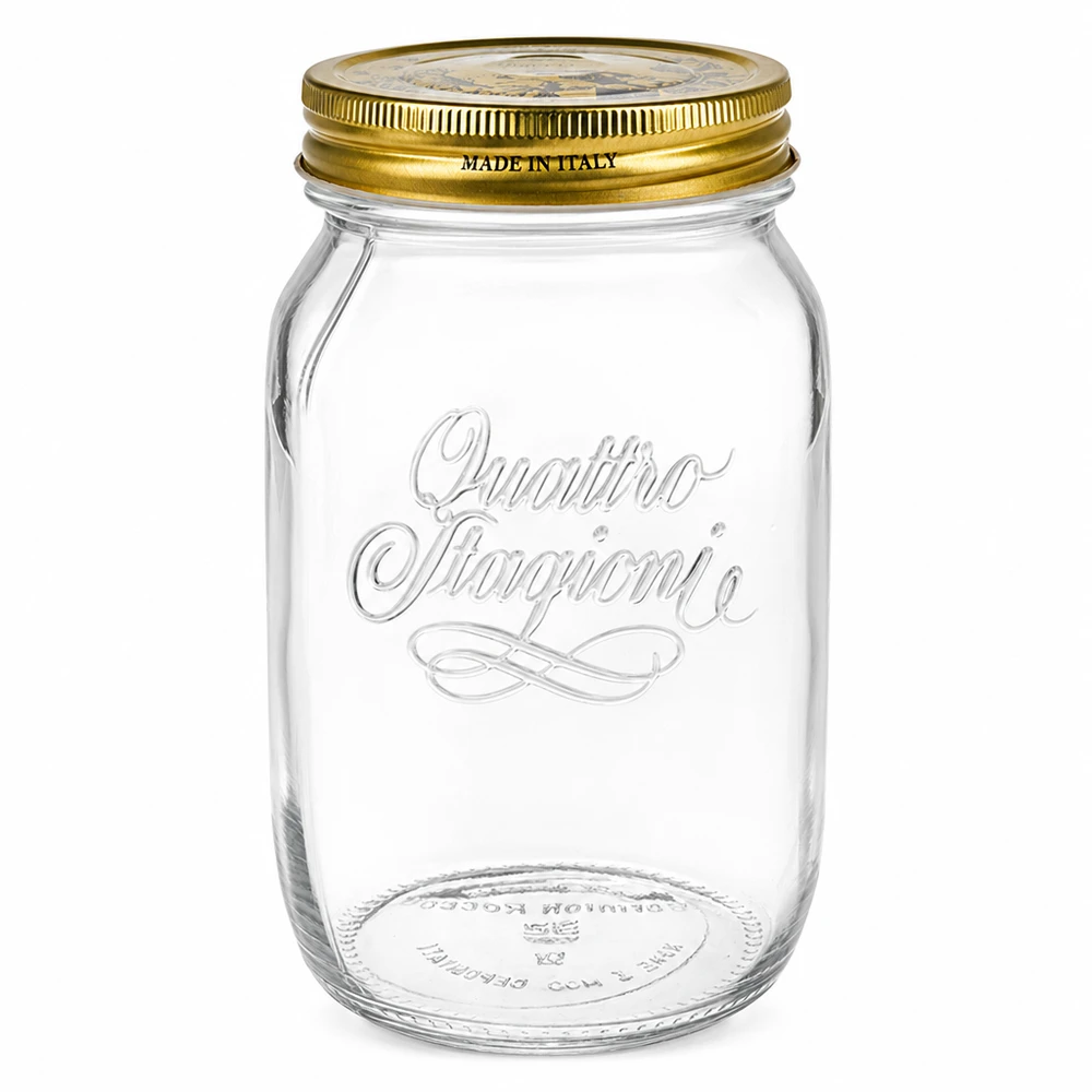 1000 ml rund krukke "Quattro Stagioni" med låg 1000 ml Quattro Stagioni rund krukke med gyldent skruelåg Made in Italy konserveringskrukke tom