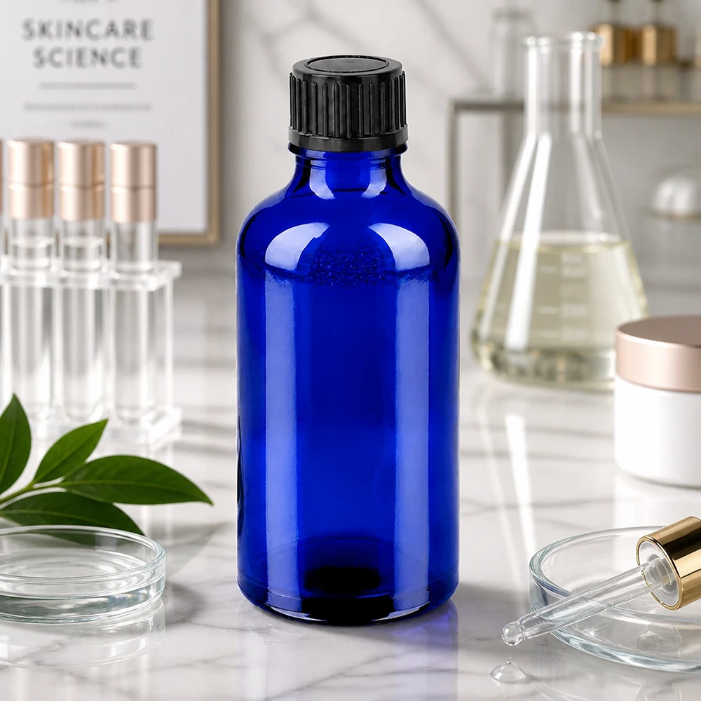 50 ml BlueLine-glasflaske med UV-beskyttelse og ergonomisk design til laboratoriebrug