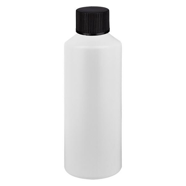Apoteksflaske HDPE 100ml hvid, med sort SV Apoteksflaske HDPE 100ml hvid, med sort SV