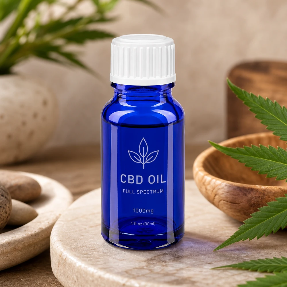 Blå 10 ml dråbeflaske af apoteksglas med hvid skruelåg til CBD-olie