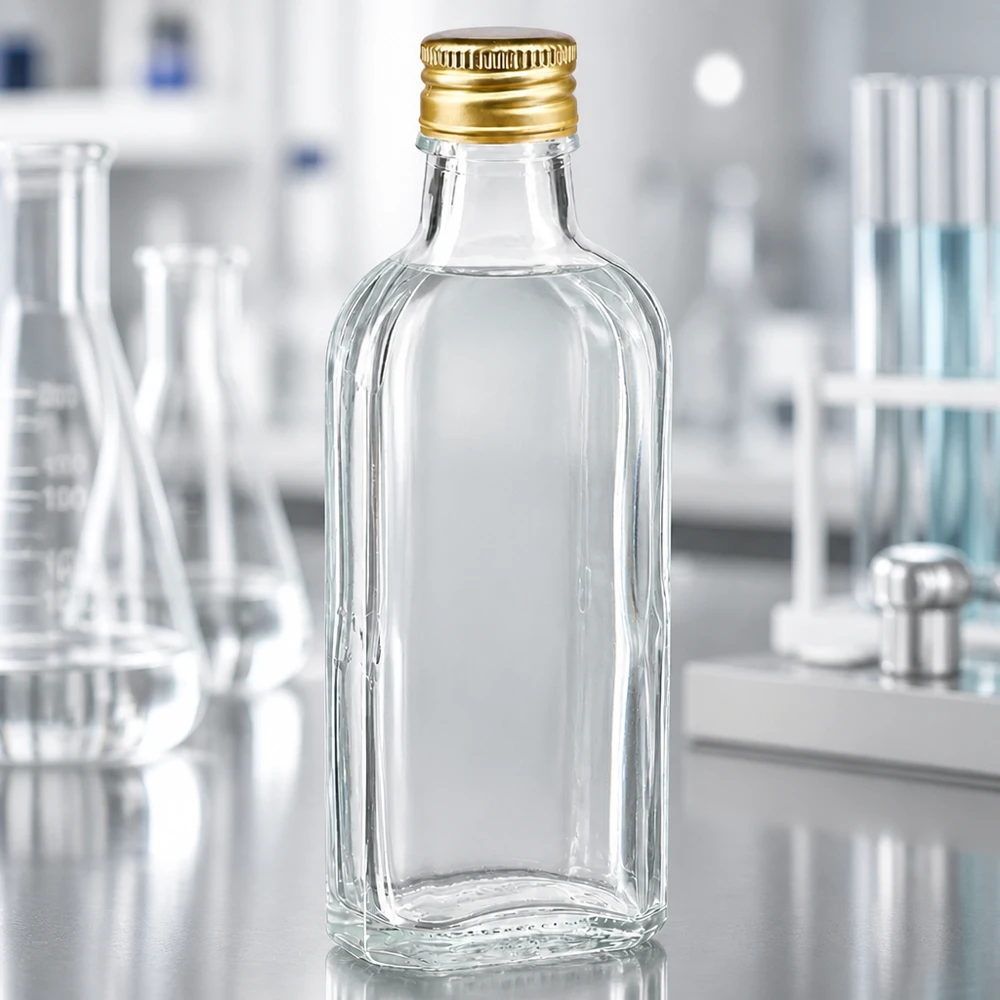 Gennemsigtig 100 ml Meplat-glasflaske med gylden skruelåg af aluminium (PP22) på laboratoriebordet
