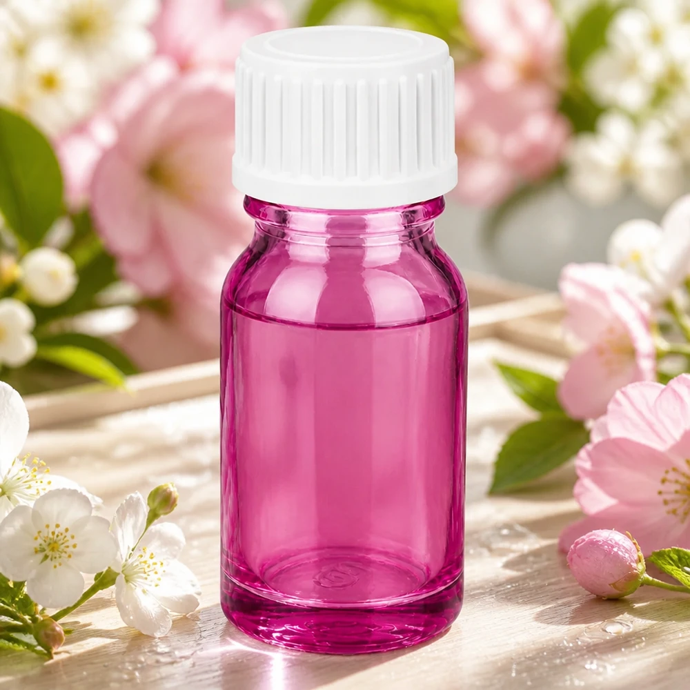 10 ml (kugle) flaske. 3 mm hældering hvid standard PurpleLine. UT18/10 10 ml glasflaske i transparent lilla med mat hætte til DIY-kosmetik