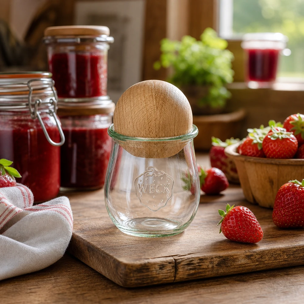 220 ml tulipankrukke WECK RR60 med trækugle bøg WECK tulipankrukke RR60 220ml i rustikt køkken med jordbær og syltetøjsglas, detalje i bøgekuglelåg