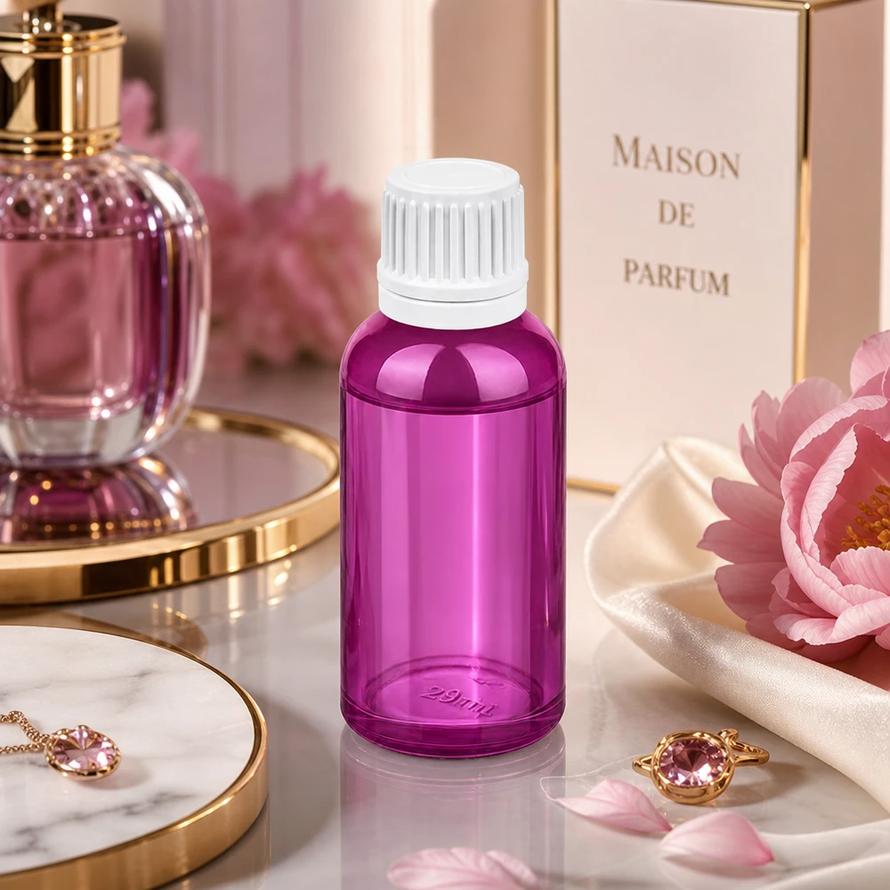 30 ml dråbeflaske 0,7 mm hvid Originality skruelåg PurpleLine UT18/30 30 ml violet dråbeflaske med præcis 0,7 mm dråbeindsats til kosmetik og parfume
