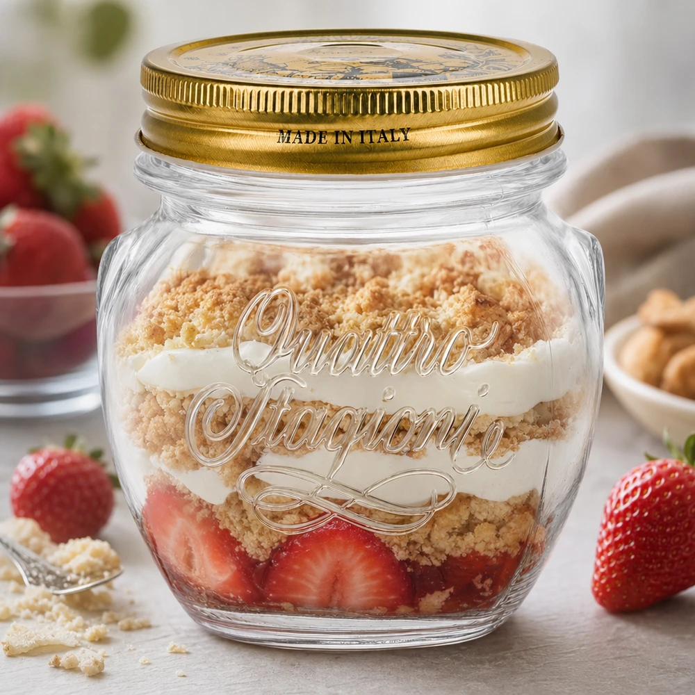 300 ml rundt glas "Quattro Stagioni" med låg Quattro Stagioni 300 ml rundt glas med gyldent låg fyldt med en lagdelt dessert af jordbær og krymmel Fremstillet i Italien