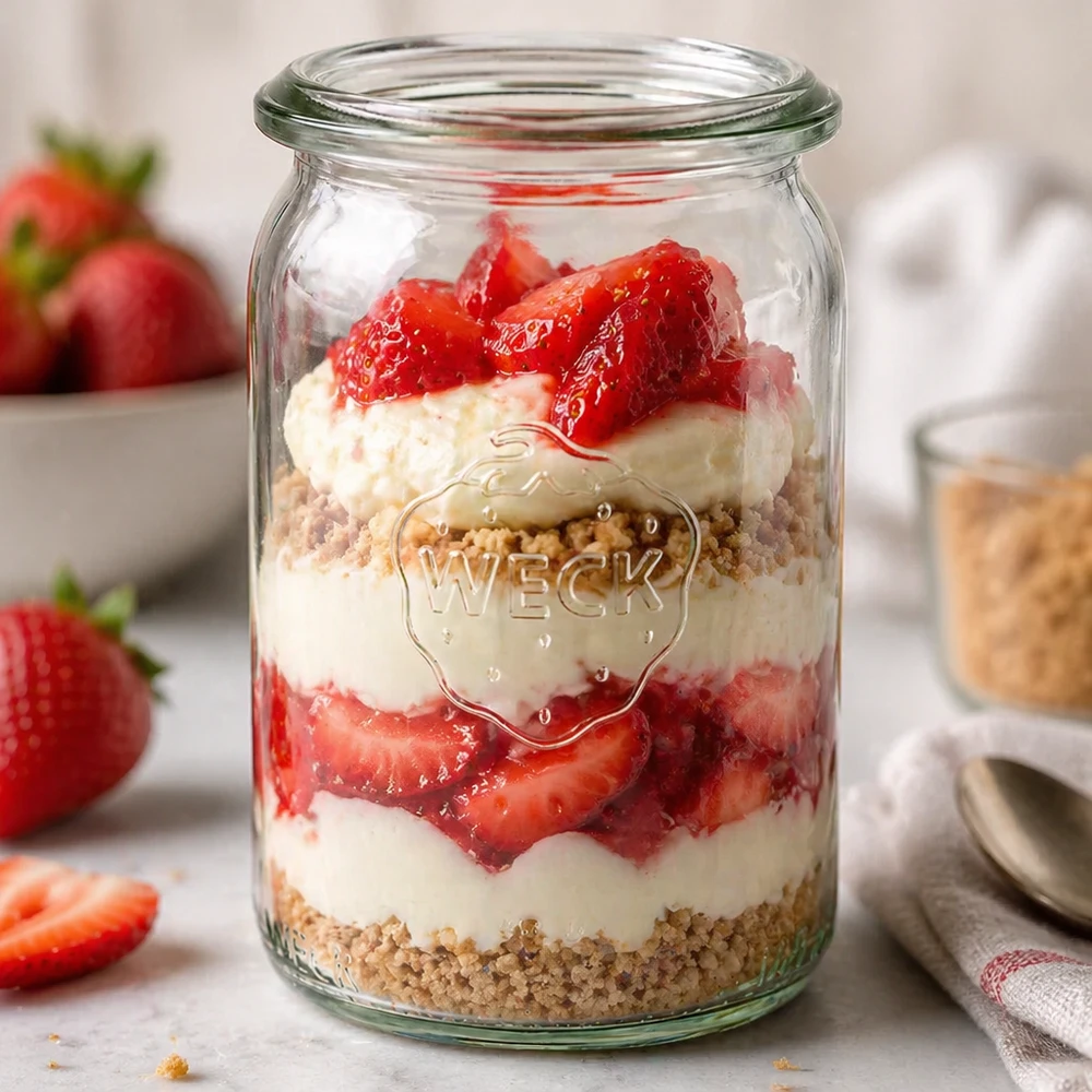 145 ml cylinderglas WECK RR40 WECK RR40 cylinderglas 145 ml som dessertglas med jordbær, fløde og krymmel i lag på køkkenbordet
