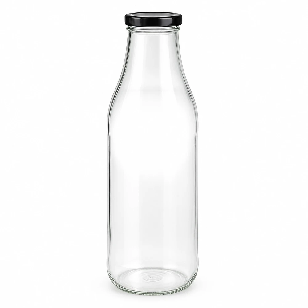 1000 ml glasflaske + BasicSeal-låg sort UNiTWIST. Absolut lækagesikker med stort TO48-låg. Til mælk, juice og limonade. 1000 ml glasflaske med sort BasicSeal-låg UN-certificeret til fødevarer og drikkevarer