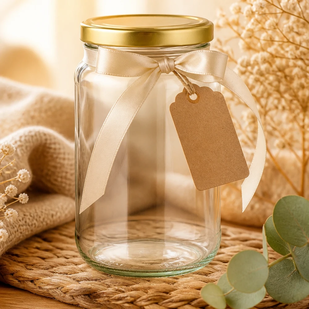 1700 ml rund krukke med BasicSeal-låg i guld UNiTWIST 1700ml Rundglas mit goldenem BasicSeal Deckel dekorativ arrangiert mit Schleife und Anhänger als Geschenkidee