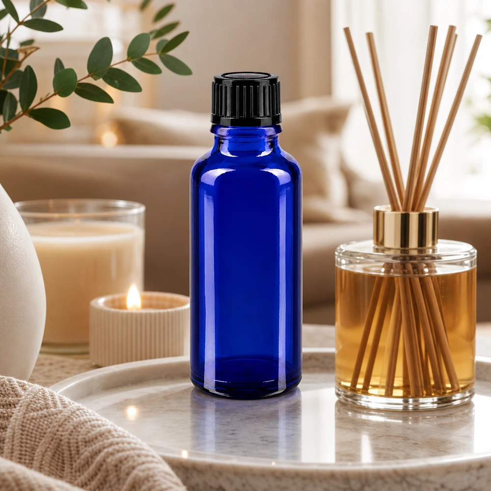 Apoteksflaske blå 30ml skruelåg sort pc 30 ml blå apotekerflaske med sort låg ved siden af en reed-diffuser på et marmorfad