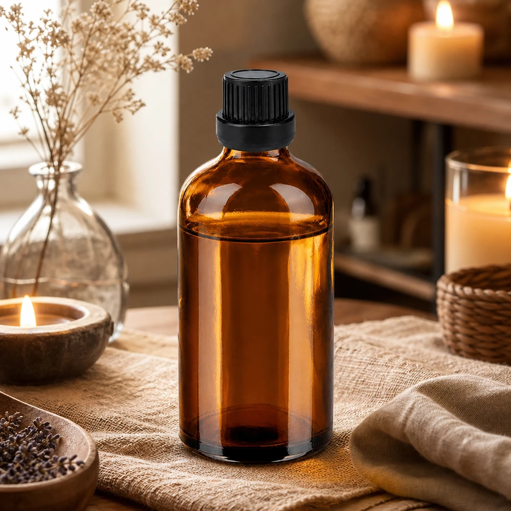 100 ml dråbeflaske 2 mm sort OV BrownLine UT18/100 Lysbeskyttet glasflaske 100 ml med sort dråbehætte til sikker opbevaring af olier