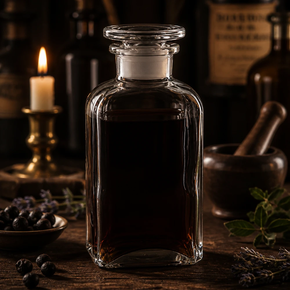 Firkantet flaske 250 ml klar glasprop med bred hals Apotekerflaske, 250 ml, firkantet, klart glas med glasprop, omgivet af urter og et stearinlys