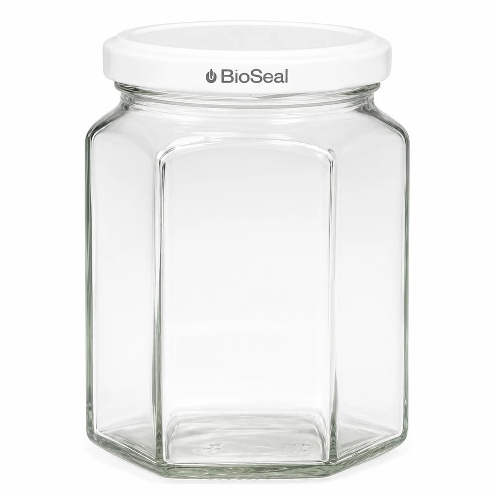 UNiTWIST Hexa288 med hvidt låg TO63 BioSeal UNiTWIST Hexa288 sekskantet syltetøjsglas med hvidt TO63 BioSeal-låg til marmelade og konserves