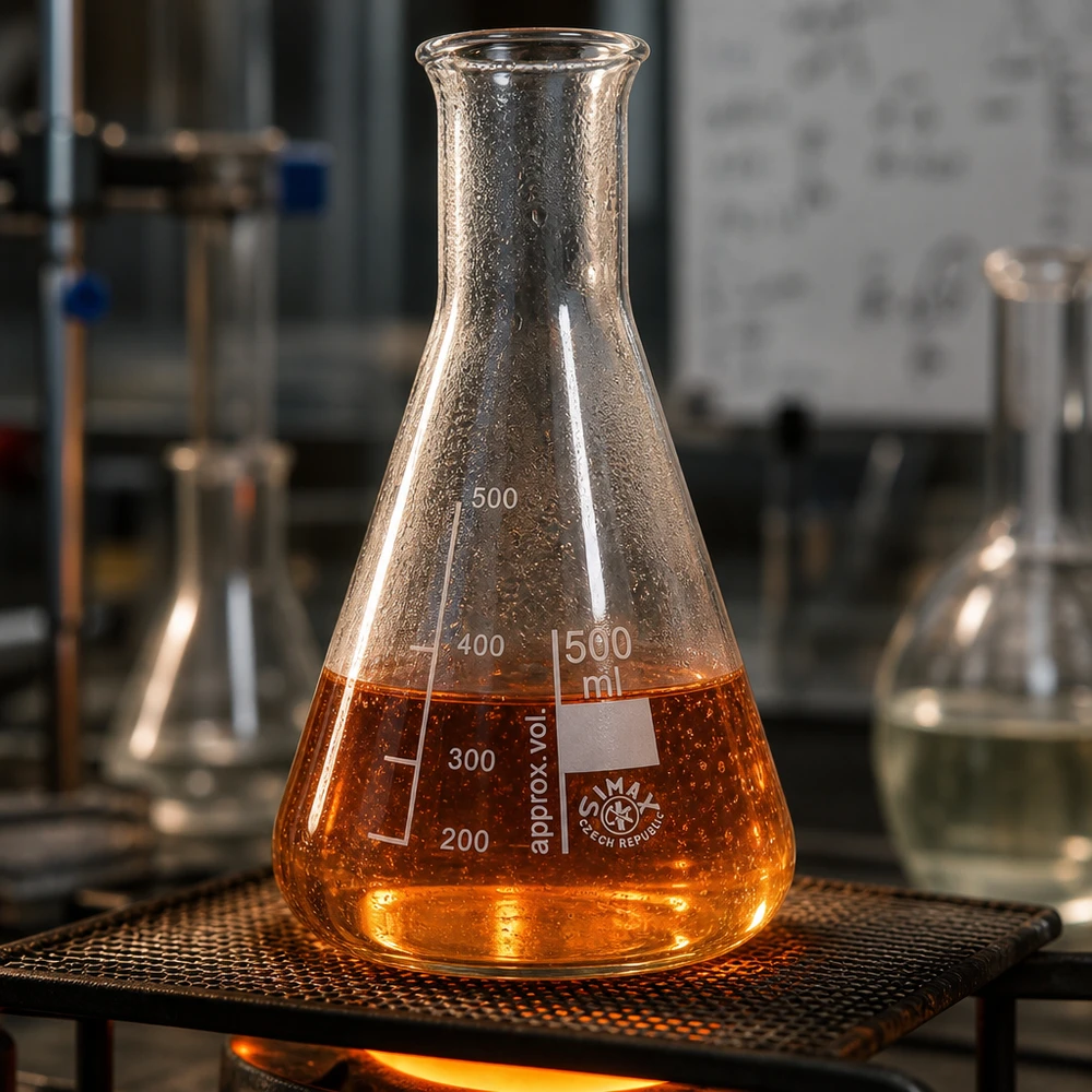 Erlenmeyer-kolbe 500 ml med smal hals 500 ml Erlenmeyer-kolbe med smal hals og graduering på laboratorievarmeplade med orange væske