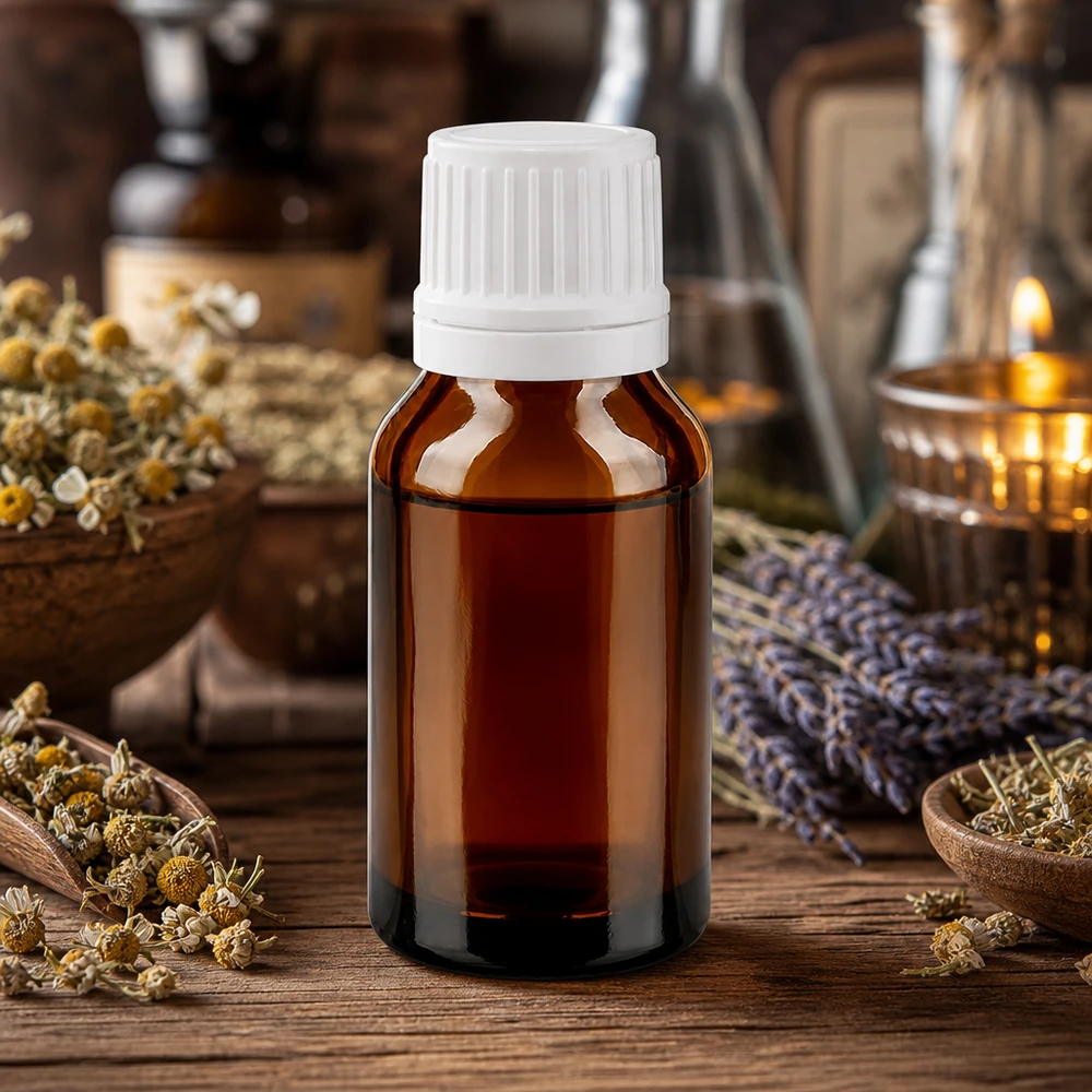 Flaske med æterisk olie, 15 ml, i brunt glas med hvidt dråbehoved, ved siden af tørret kamille og lavendel
