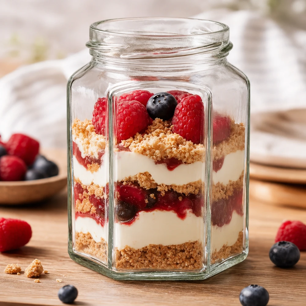 UNiTWIST Hexa288 - 6-hjørnet krukke med en kapacitet på 288 ml TO63 Sechseckiges Einmachglas 288ml mit Dessert-Schichtung aus Beeren und Creme - perfekt für Mason Jar Rezepte und Aufbewahr