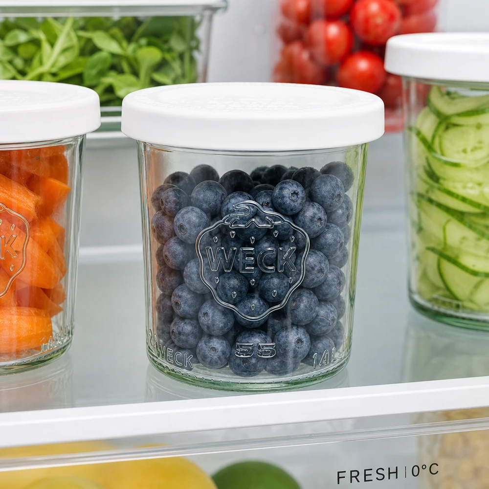 140 ml krukke med friskhedslåg WECK RR60 WECK 140 ml RR60-glas med blåbær i køleskabet - ideelt til at holde frugt og mad frisk