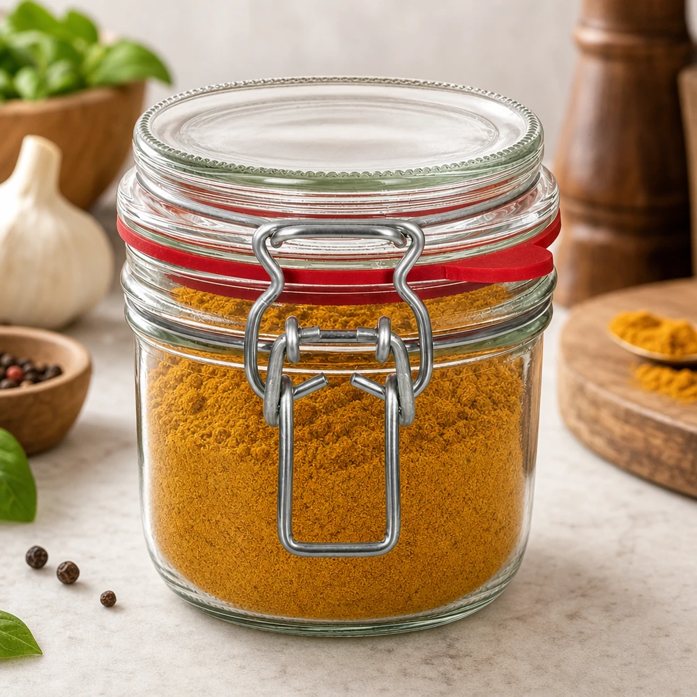 255 ml opbevaringsglas, type G, med bøjlelåg UN.. 255ml Bügelverschluss-Glas gefüllt mit Kurkuma-Gewürzpulver in moderner Küche mit Kräutern und Gewürzen