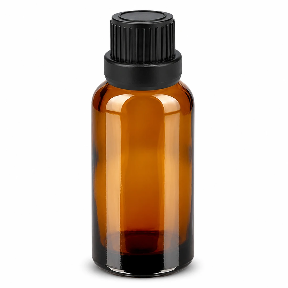 30 ml dråbeflaske 2 mm sort OV BrownLine UT18/30 30 ml ravfarvet glasflaske med sort dråbehætte 2 mm åbning til æteriske olier