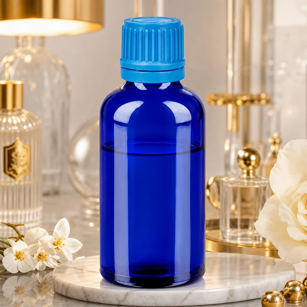 50 ml flaske 11 mm SV blå OV BlueLine UT18/50 50 ml blå glasflaske med turkis skruelåg, ideel til kosmetiske serummer og tinkturer