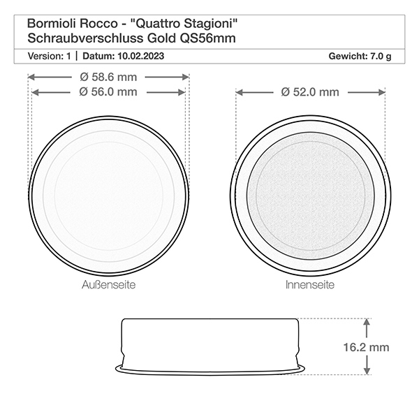 1000 ml glasflaske "Quattro Stagioni" med låg Teknisk tegning Bormioli Rocco Quattro Stagioni skruelåg guld QS56mm med mål og vægt