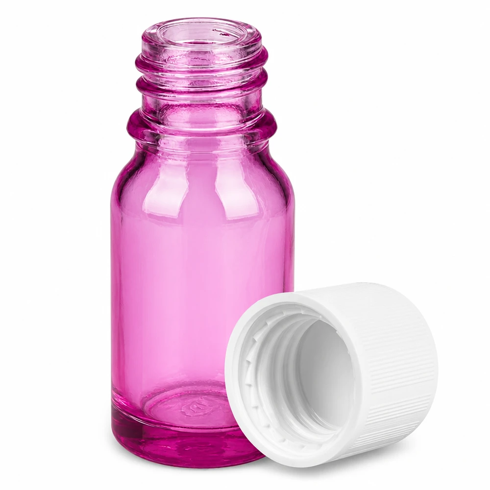10 ml flaske 11 mm skruelåg hvid standard børnesikret PurpleLine UT18/10 Lille violet 10 ml glasflaske med 11 mm åbning og hvid hætte til aromaterapi