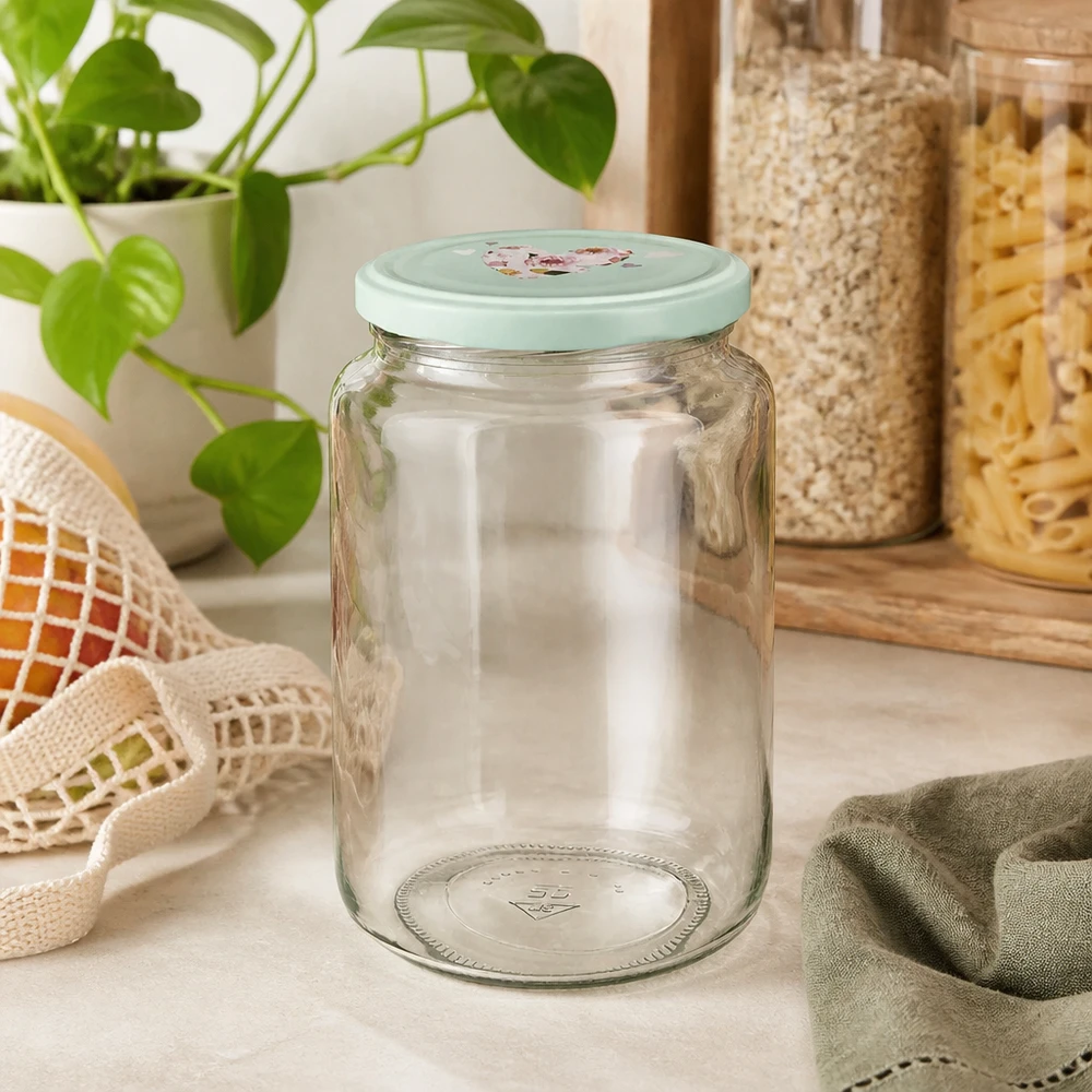 795 ml rund glas + BasicSeal låg hjerte mint UNiTWIST 795 ml rund krukke med mint BasicSeal hjerteformet låg på køkkenbordet ved siden af opbevaringsbeholdere og grøn plante