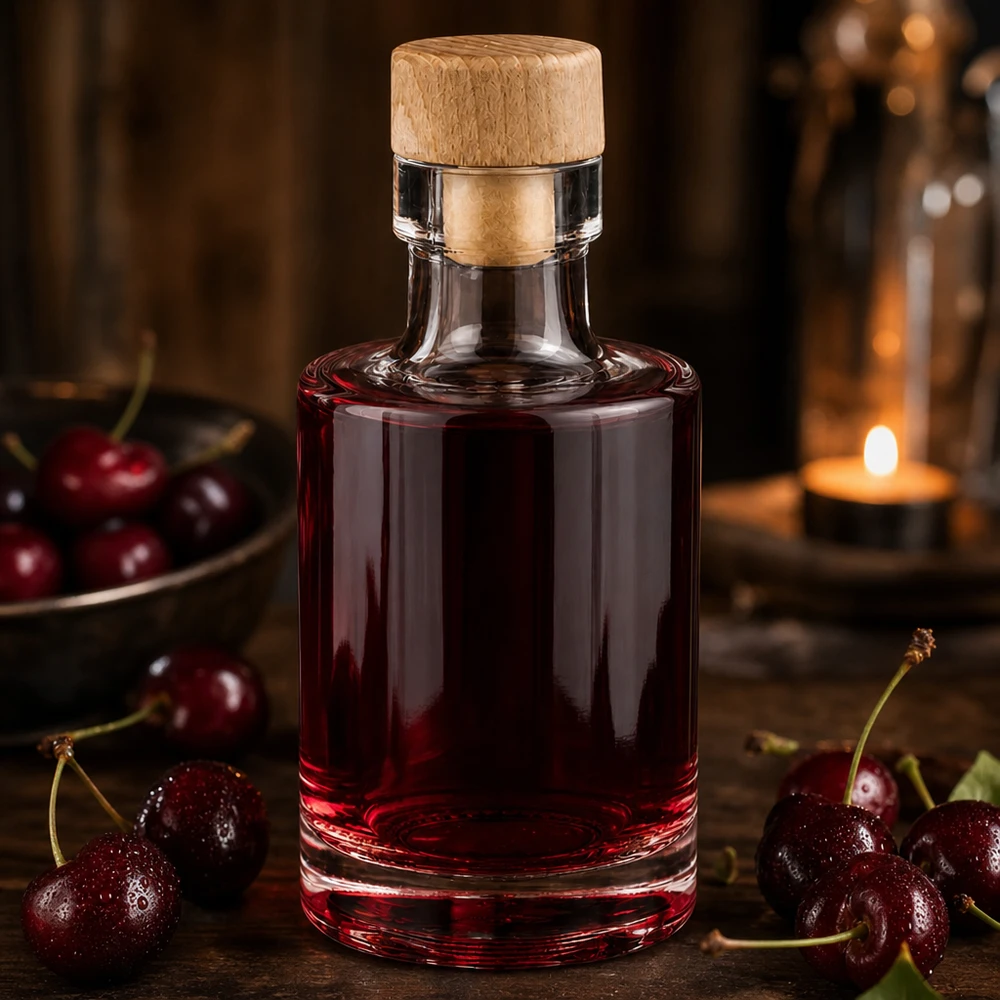 100 ml glasflaske »Marie« med træhåndtagskork UNiTWIST® 100ml Glasflasche Marie mit Holzkorken gefüllt mit Kirschlikör umgeben von frischen Kirschen bei warmem Kerzenlicht
