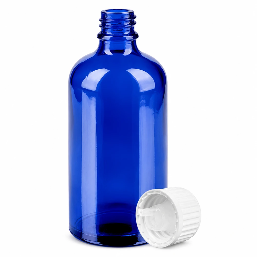 Blå glasflaske 100 ml med dråbeindsats 0,9 mm hvid til dosering STD BlueLine UT18