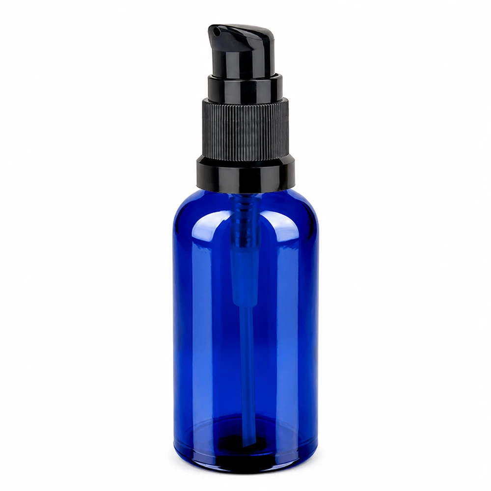 50 ml pumpeflaske sort STD BlueLine UT18/50 Blå glasflaske 50 ml med sort pumpedispenser til kosmetik og hudpleje STD BlueLine UT18/50