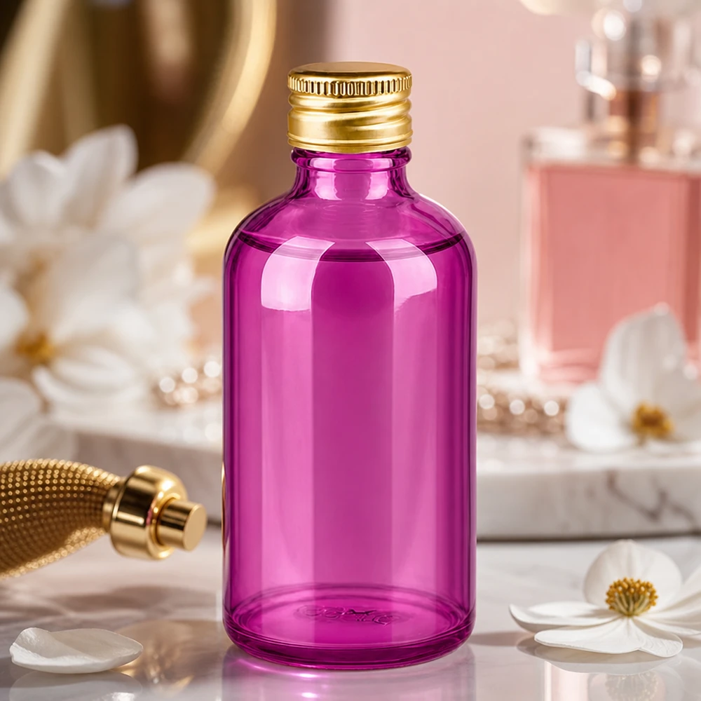 100 ml flaske 11 mm skruelåg aluminium guld standard PurpleLine. UT18/100 Premium glasflaske 100 ml i lilla med elegant guldhætte til aromaterapi