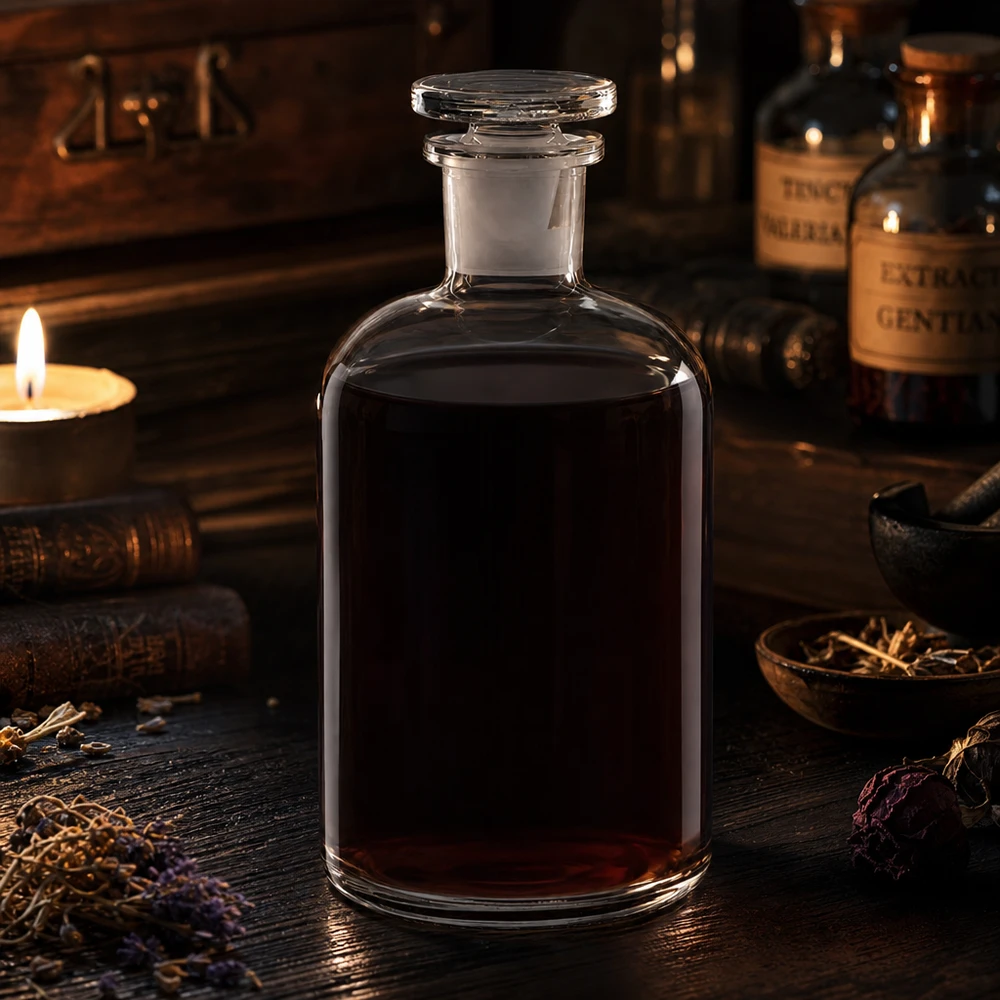 Rund skulderflaske 500 ml klar glasprop med smal hals Gennemsigtig flaske med runde skuldre, 500 ml, med smal hals og glasprop foran en gammel apotekets baggrund