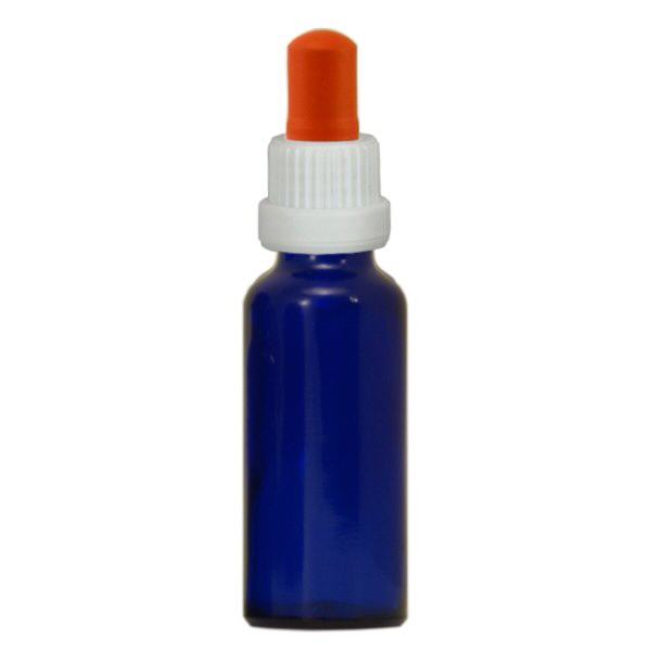 Apoteksflaske blå 30 ml pipette hvid/rød stk. Apoteksflaske blå 30 ml pipette hvid/rød stk.