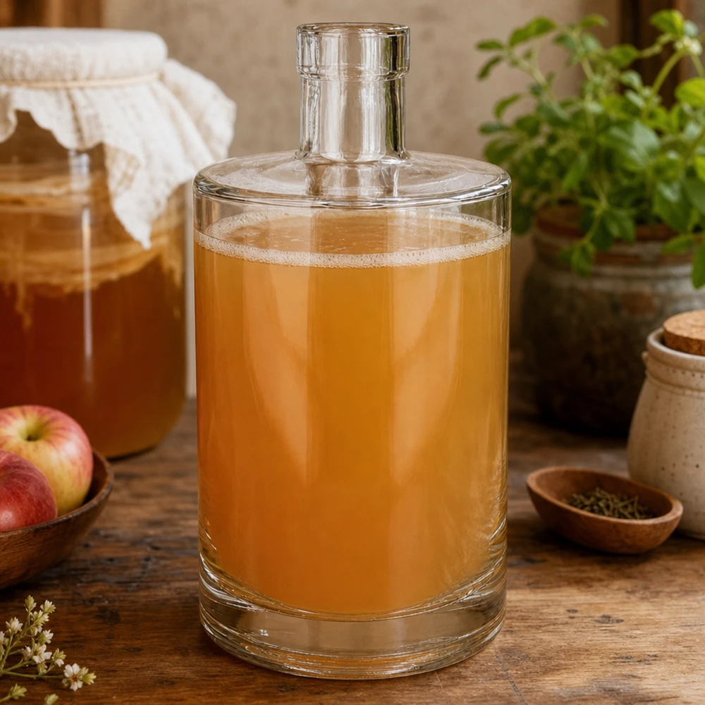 700 ml glasflaske Marie uden låg UNiTWIST® 700ml Glasflasche Marie mit goldener Flüssigkeit befüllt in rustikaler Küche neben Äpfeln und Gewürzen dekoriert