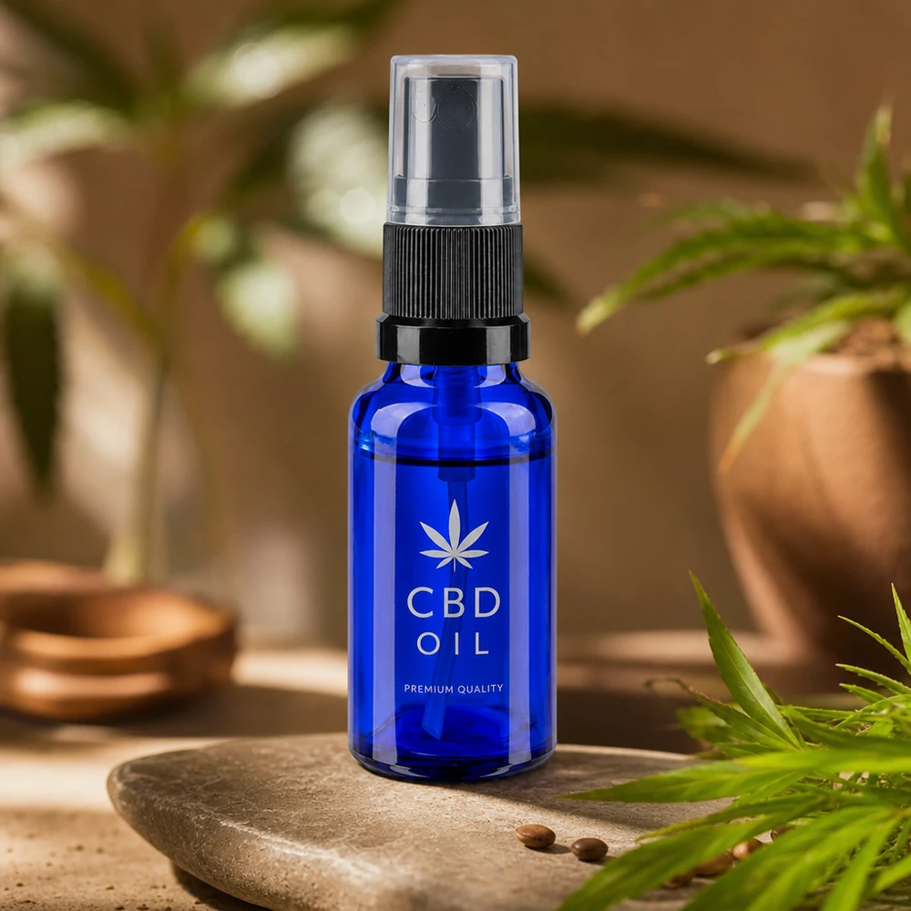 Apotekerflaske blå 20 ml spraytilbehør sort 20 ml flaske af blåt apotekerglas med sprøjtepumpe til CBD-olie og naturkosmetik