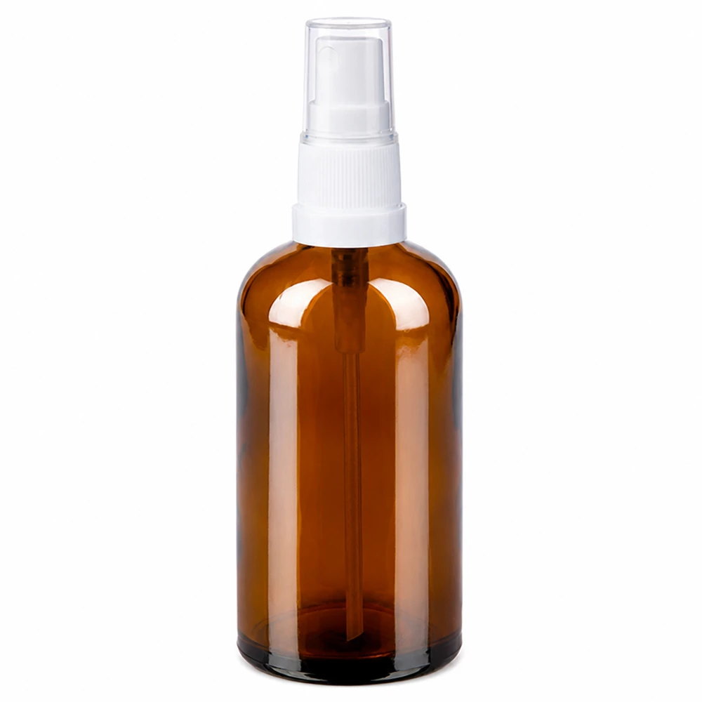 100 ml sprayflaske hvid/tr. STD BrownLine UT18/100 100 ml sprayflaske i ravfarvet glas med hvid pumpesprøjte til kosmetik og æteriske olier