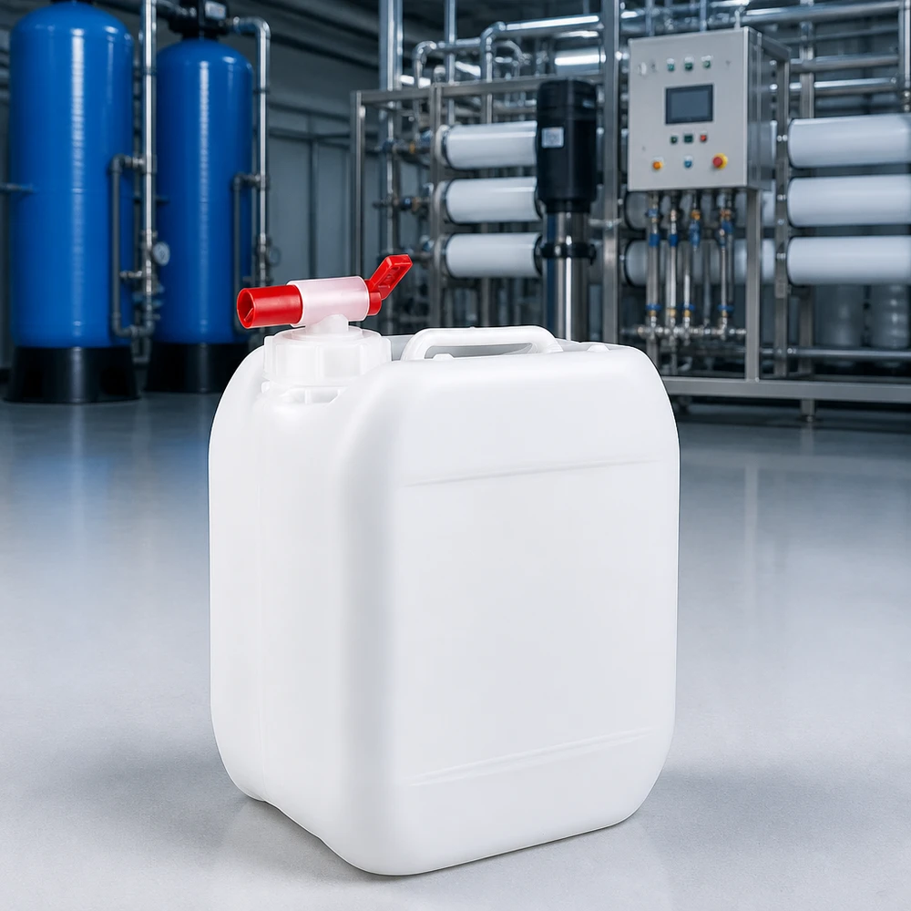 Beholder 5 liter med aftapningshane Gennemsigtig plastdunk på 5 liter med rød kugleventil foran vandrensningsanlægget