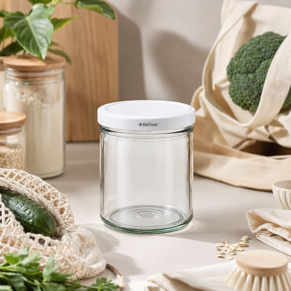 UNiTWIST overligger167 med hvidt låg TO66 BioSeal UNiTWIST Sturz167 Glas mit BioSeal Deckel nachhaltiges Wohnen Zero Waste Küche Öko-Lifestyle Naturmaterialien