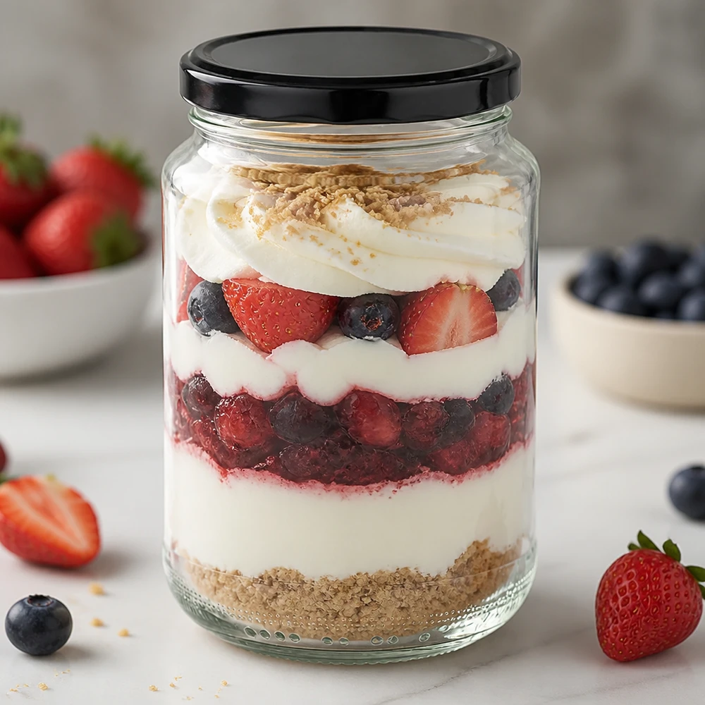 375 ml rund krukke med BasicSeal-låg sort UNiTWIST 375 ml rundt glas med sort låg som dessertglas til bærtrifli viser kreativ brug som portionsglas